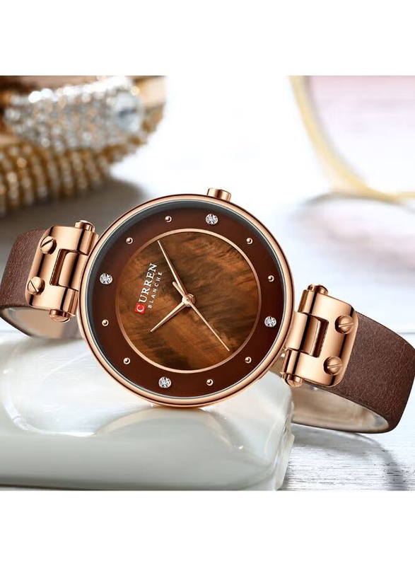 Curren Analog Watch for Women with Leather Band, J4028K-KM, Gold-Brown
