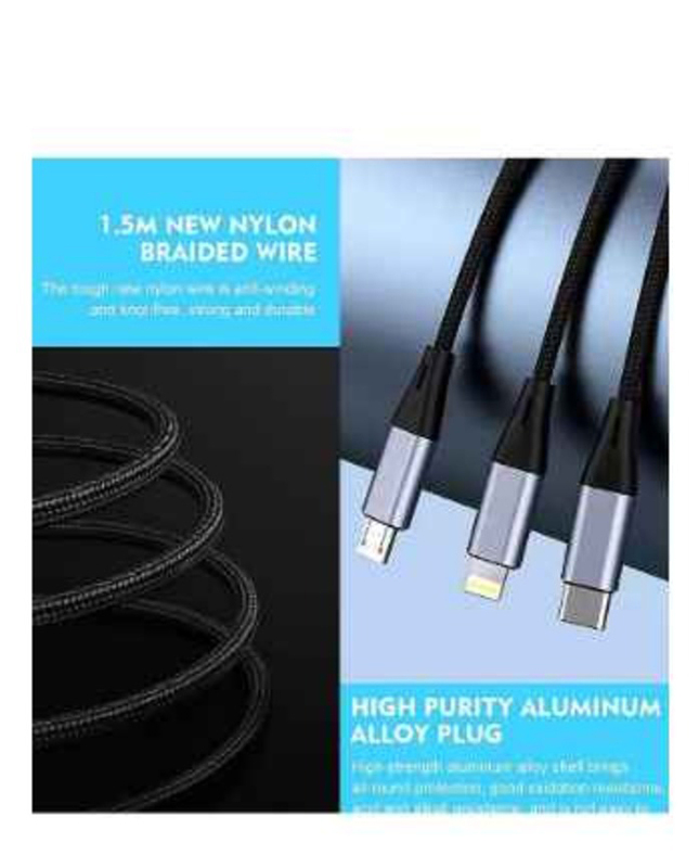 1.5-Meter 3 in 1 USB Phone Charger Cable, USB Male to Multiple Types for Smartphones/Tablets, Black