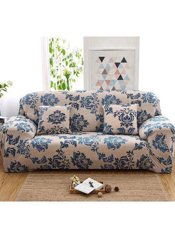 

Generic 3-Seater Exquisitely Floral Designed Wrinkle-free Sofa Slipcover, Beige/Blue