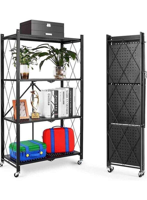 

Generic 4-Tier Metal Foldable Kitchen Storage Rack Shelf Unit With Wheel, Black