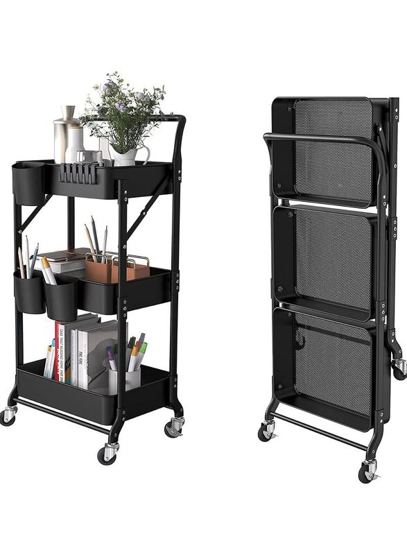 

Generic 3-Tier Foldable Metal Rolling Organizer Cart with Casters, Black