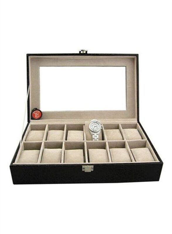

Blooming Time Men's 12 Compartments See Through Window Watch Box, Black