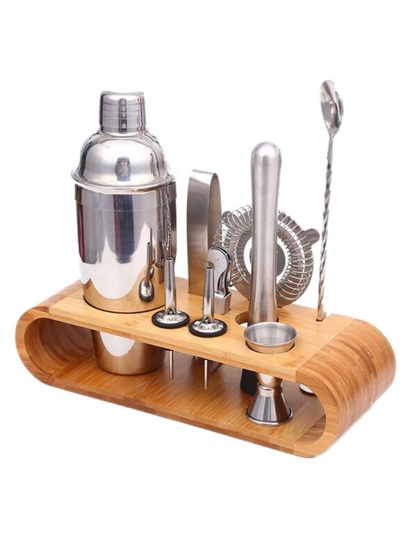 

Generic 1000ml 9-Piece Stainless Steel Bartender Cocktail Shaker Set with Stand, Silver/Brown