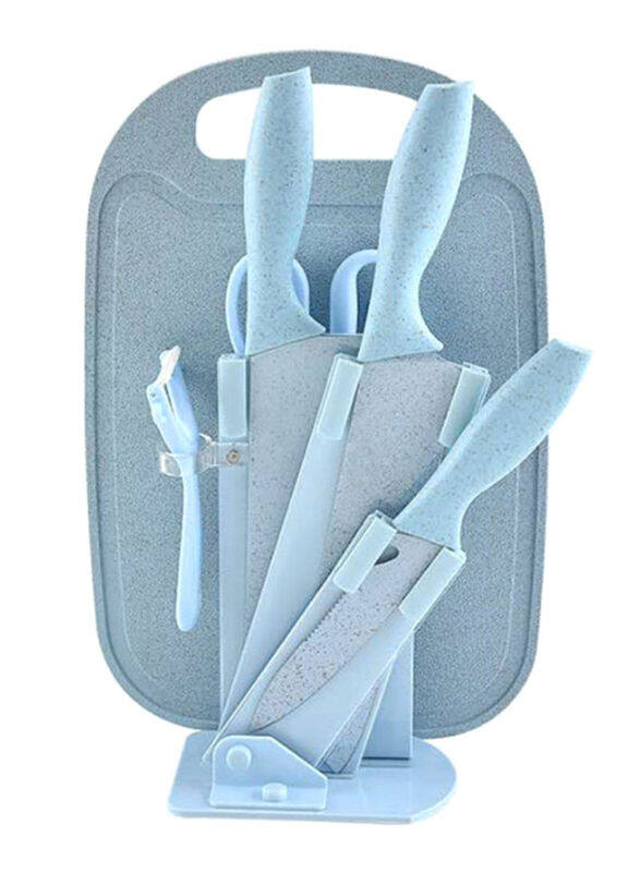 

Generic 7-Piece Wheat Straw Kitchen Knife With Cutting Board Set, Blue