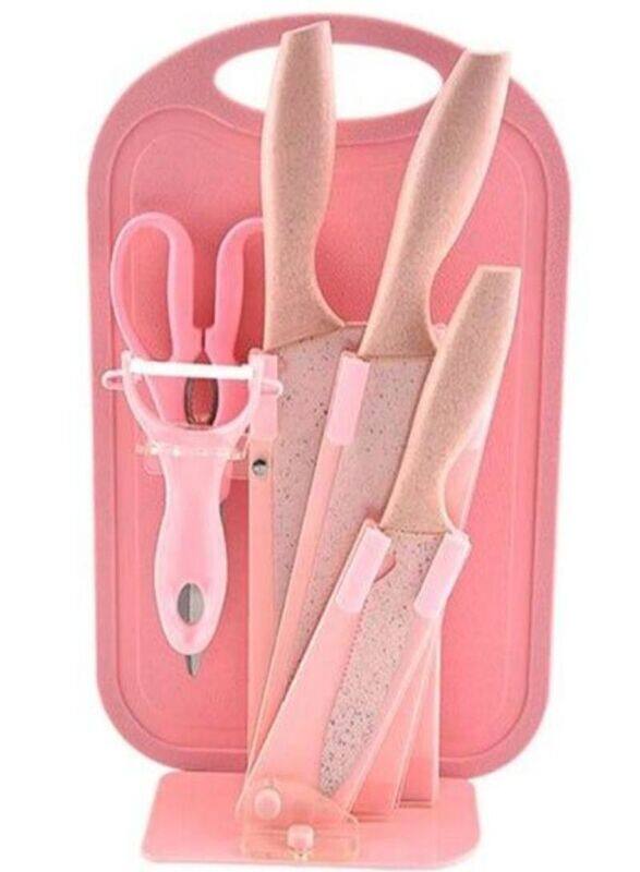 

Generic 7-Piece Stainless Steel Wheat Straw Knives With Cutting Board Set, Pink