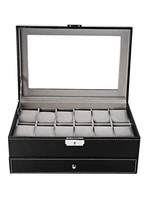 

Generic 12-Compartment PU Leather Watch Organizer Box, Black