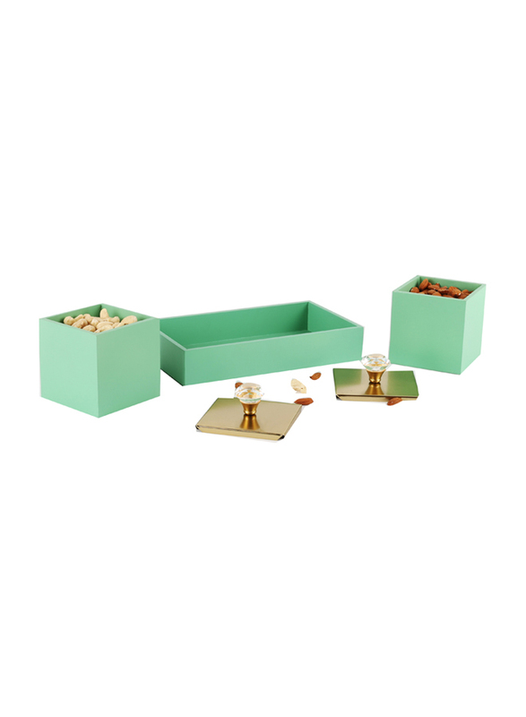 Deno Dry Fruit Container with 2 Jars & Tray, 3 Pieces, Gold/Green