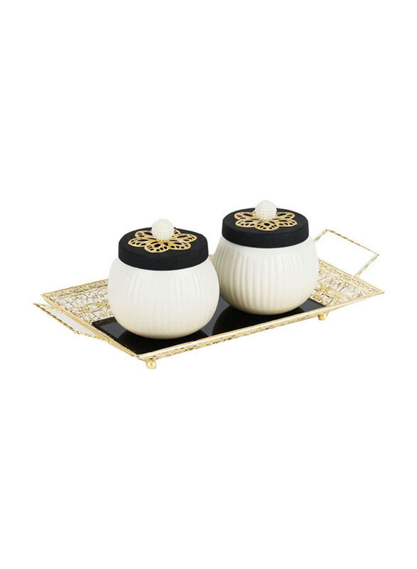 

Generic Ophelia Cookie Dry Fruit Container with 2 Jars & Tray, 3 Pieces, White/Gold/Black