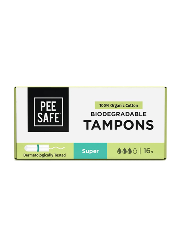 Pee Safe 100% Organic Cotton Super Tampons, 16 Pieces