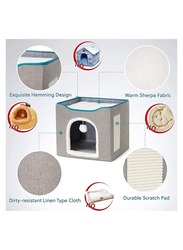 Folding Cat House With Cat Scratcher and Fluffy Ball For Large Cats For Kittens And Puppies Cat Beds For Indoor Cats 16.5 x 16.5 x 14.2 Inch (Grey)