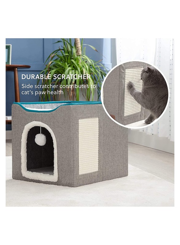 Folding Cat House With Cat Scratcher and Fluffy Ball For Large Cats For Kittens And Puppies Cat Beds For Indoor Cats 16.5 x 16.5 x 14.2 Inch (Grey)