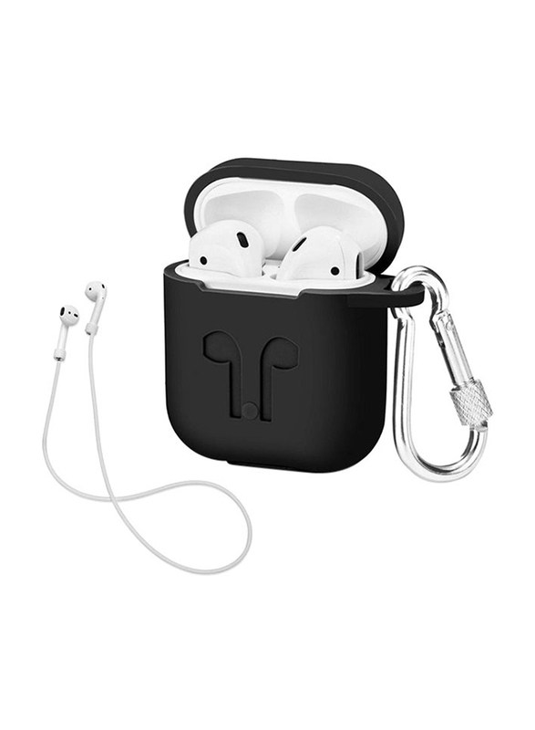 AirPods Case With Strap Protective Silicone Cover With Carabiner for Apple AirPods, Black
