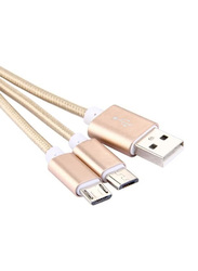 2-Feet 3-In-1 Multi USB Charging Cable, USB A to Lightning, USB Type-C, Micro USB Data Sync Charging Cable With Key Chain, Gold