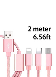 2-Meters 3-in-1 Multiple Types Charging Cable, Multiple Types to USB Type A for Smartphones/Tablets, Rose Gold