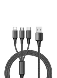 1.2-Meter 3 In 1 Multi USB Charging Cable, USB A to Lightning, USB Type-C, Micro USB for Smartphone, Grey
