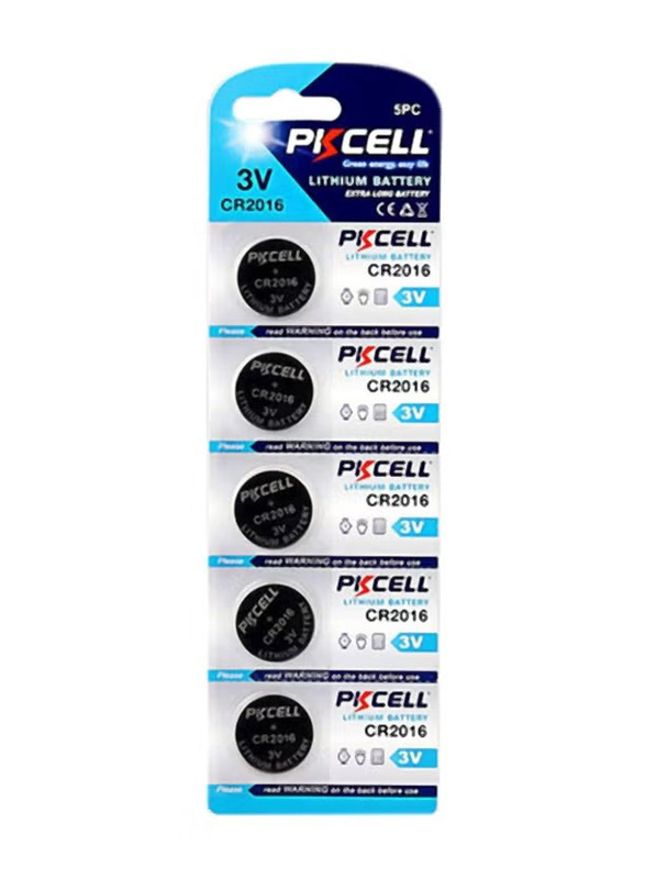 Pkcell CR2016 3V Battery Coin Lithium Batteries, 5 Pieces, Silver