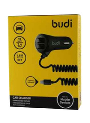 Budi Car Charger, 2.4A with Dual USB Port and Coiled Lightning Cable, Black