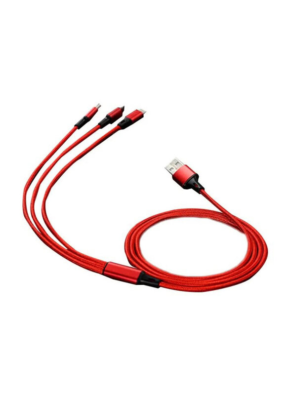 

Generic 3-In-1 Multi USB Braided Charging Cable, USB A to Lightning, USB Type-C, Micro USB for Smartphone, Red/Silver