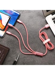 2 Feet 3-In-1 Braided USB Charging Cable, USB Type A to Type-C/Lightning/Micro USB Cable, Pink