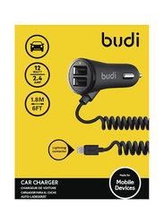 Budi Car Charger, 2.4A with Lightning to USB Data and Charge Cable, Black