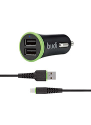 Budi 2-Port USB Car Charger with Lightning to USB Data and Charge Cable, Black/Green