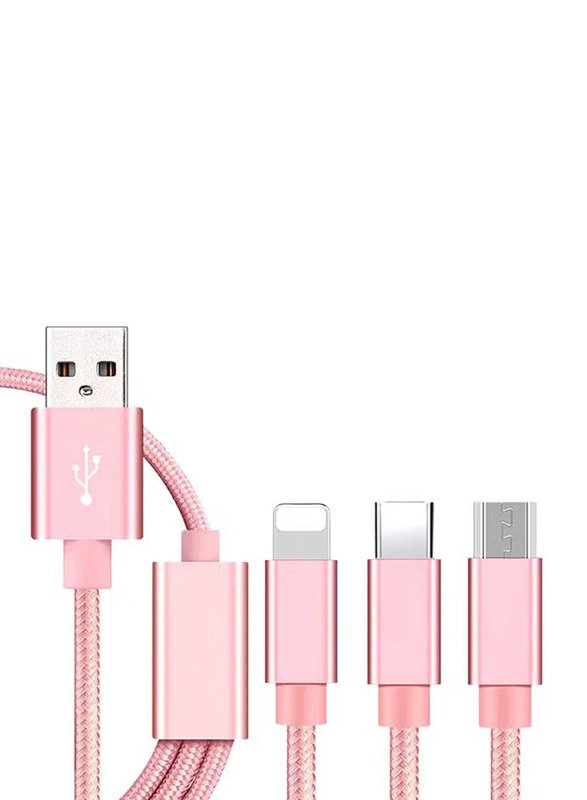 1.5-Meter 3-In-1 USB Charging Cable, USB Type A to Type-C/Lightning/Micro USB Cable, Rose Gold