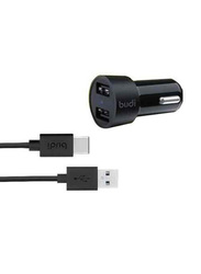 Budi Car Charger, 4.8A with USB Type-C to USB Data and Charge Cable, Black