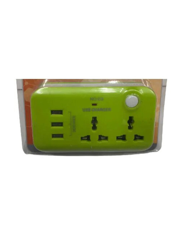 3-Pin Plug with 3 USB Port & 2 Sockets, Green