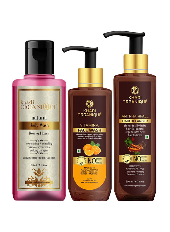 Khadi Organique Rose & Honey Body Wash Vitamin C Face Wash and Anti Hairfall Hair Cleanser, 3x510ml