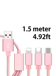 1.5-Meter 3-In-1 USB Charging Cable, USB Type A to Type-C/Lightning/Micro USB Cable, Rose Gold