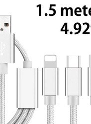1.5-Meter 3-In-1 Multi USB Braided Charging Cable, USB A to Lightning, USB Type-C, Micro USB for Smartphone, Silver