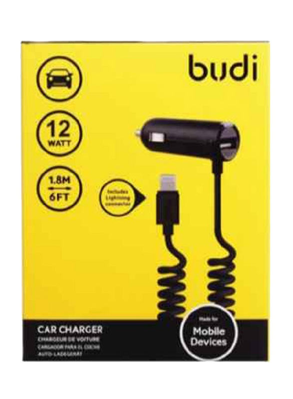 Budi Car Charger, 12W with USB Port and Coiled Lightning Cable, Black