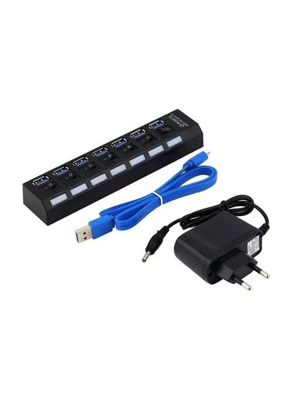 7-Port USB Hub With Cable On Off Switch, Black/Blue