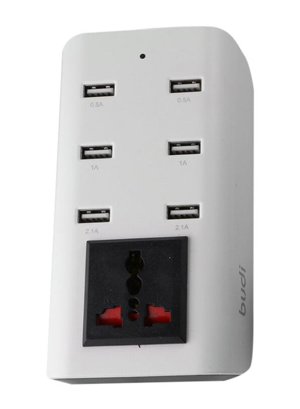 Budi Portable Adapter With 6-USB Ports, White