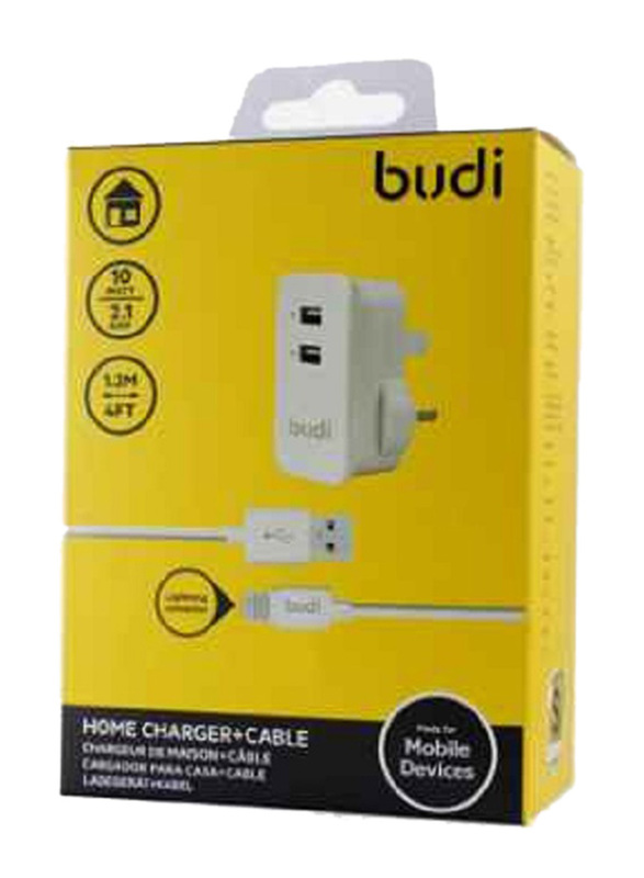 Budi Wall Charger, with 2.1A Dual USB Ports and Lightening Cable, Black