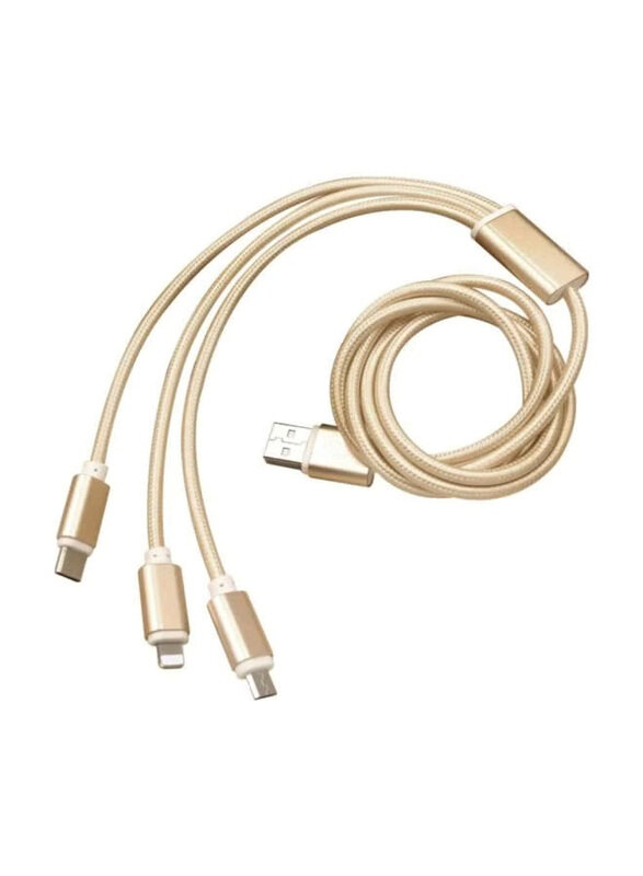 

Generic 1.2-Meter 3-In-1 Multi USB Braided Charging Cable, USB A to Lightning, USB Type-C, Micro USB for Smartphone, Gold