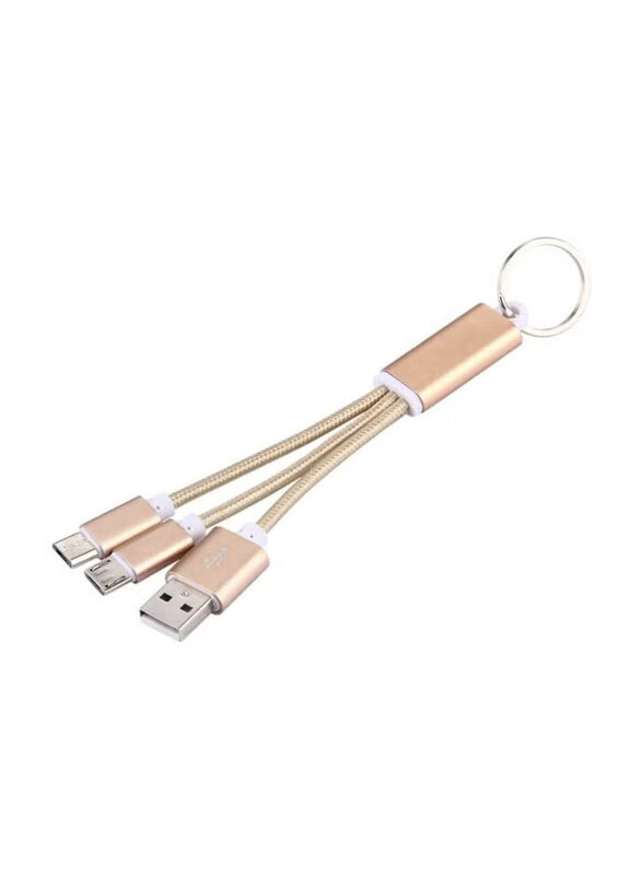 

Generic 2-Feet 3-In-1 Multi USB Charging Cable, USB A to Lightning, USB Type-C, Micro USB Data Sync Charging Cable With Key Chain, Gold