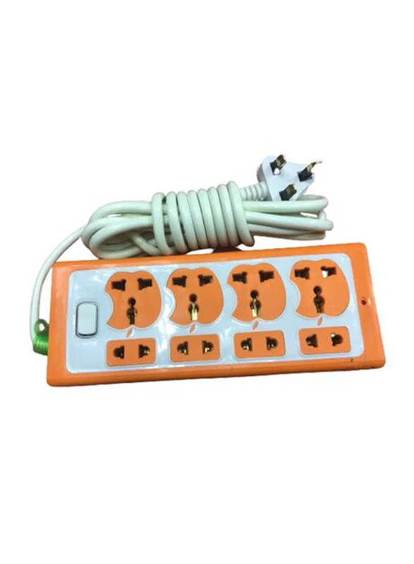 3-Pin Multipurpose Power Socket Extension with 4 Sockets & 2 Meter Wire, White/Orange