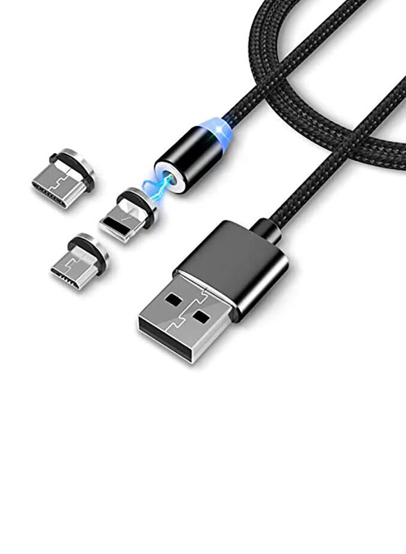 3-in-1 Multiple Types Magnetic Circular Data Sync and Charging Cable, Multiple Types to USB Type A for Smartphones/Tablets, Black