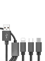 3-in-1 Multiple Types Charging Cable, Multiple Types to USB Type A for Smartphones/Tablets, Black