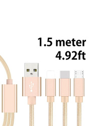 1.5 Meter 3-In-1 Lightning/Type-C/Micro USB Port Charging Cable, Gold