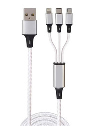 1.2-Meter 3 In 1 Multi USB Braided Charging Cable, USB A to Lightning, USB Type-C, Micro USB for Smartphone, White/Silver