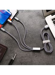 3 In 1 Multi USB Braided Charging Cable, USB A to Lightning, USB Type-C, Micro USB for Smartphone, Grey