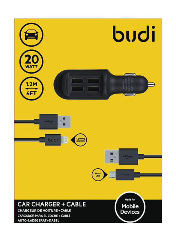 Budi 4-USB Port Car Charger, with Lightning/Micro USB to USB Data and Charge Cable, Black