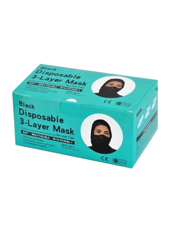 3-Layer Disposable Black Face Mask for Adults, 50 Pieces