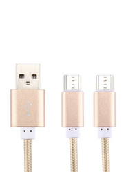 2-Feet 3-In-1 Multi USB Charging Cable, USB A to Lightning, USB Type-C, Micro USB Data Sync Charging Cable With Key Chain, Gold