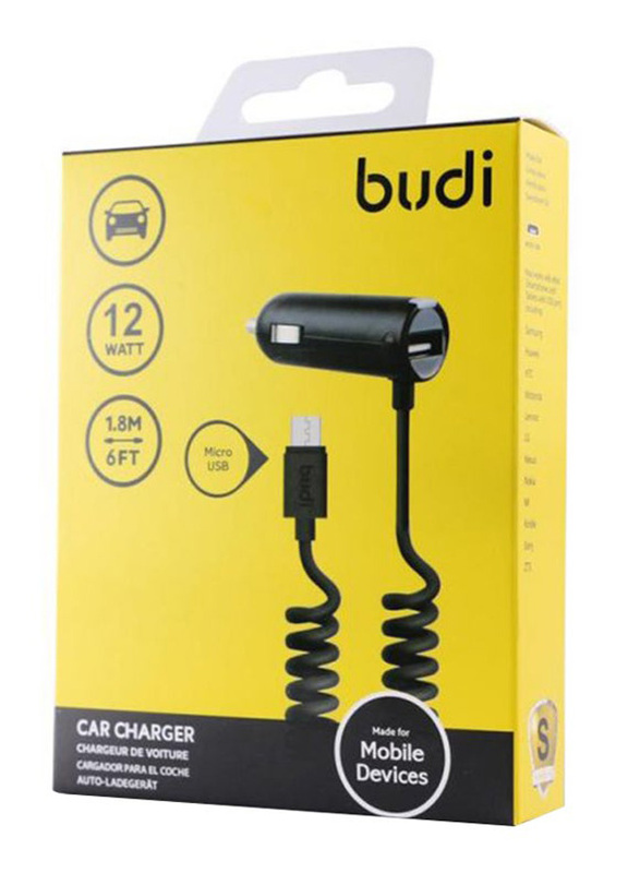 Budi 1.8-Meter Car Charger with Lightning Cable & USB Port, 12W, Black