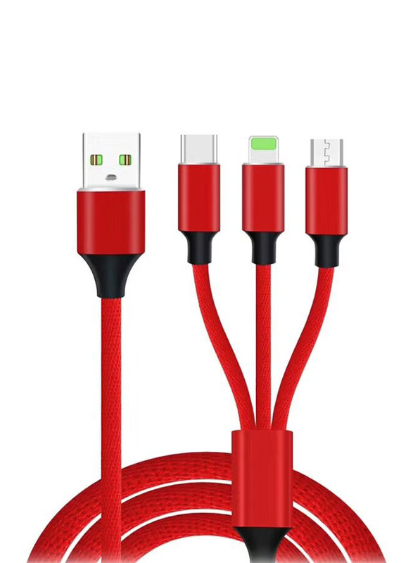 3-in-1 Multiple Types Data Sync Charging Cable, Multiple Types to USB Type A for Smartphones/Tablets, Red