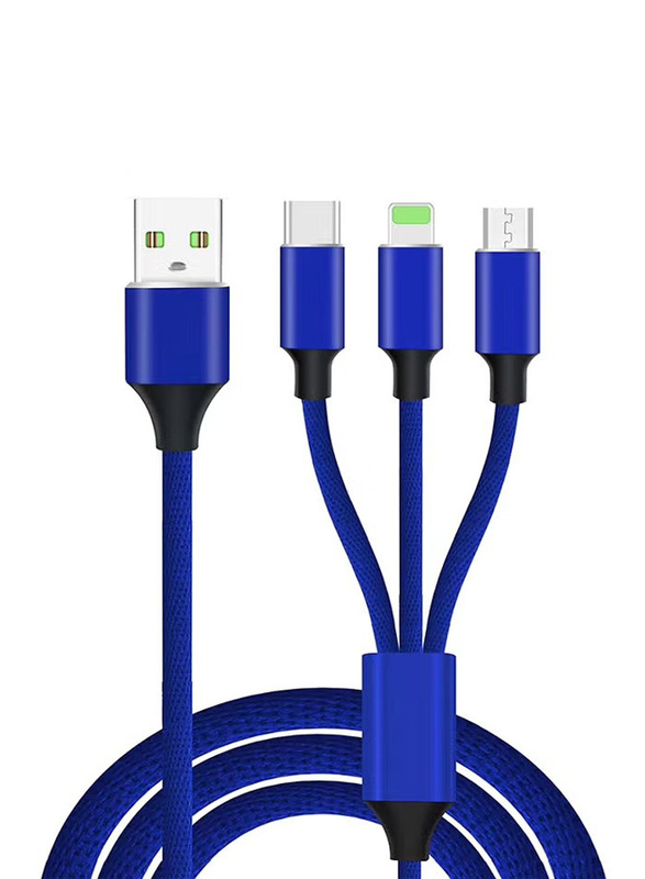 2-Feet 3 In 1 Multi USB Charging Cable, USB A to Lightning, USB Type-C, Micro USB for Smartphone, Blue