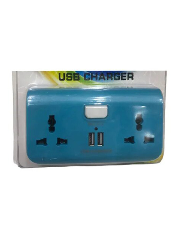 3-Pin Plug with 2 Sockets & 2 USB Ports, Blue